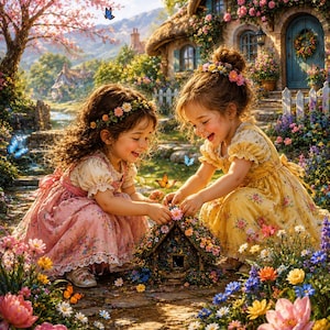 May include: Two children with floral headbands wear a pink dress and a yellow dress while kneeling on a stone path. They interact with a small, flower-covered miniature house surrounded by colorful garden flowers, butterflies, and a cottage.