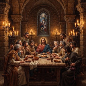 May include: A painting depicting a group of thirteen figures seated around a long wooden table in a stone room. A central figure with a glowing halo wears a red robe and blue mantle. The table holds loaves of bread, bowls, and cups. Lit candles in iron holders illuminate the scene, and a stained glass window is visible in the background.