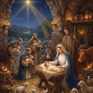 Puede incluir: Una escena de natividad dentro de una cueva de piedra con un pesebre central, una figura con túnica azul y blanca, y una figura de pie con un bastón. Varias figuras sostienen corderos, junto a un burro, un buey y ovejas cerca.