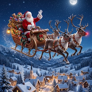 Könnte beinhalten: Der Weihnachtsmann im roten Anzug mit weißem Bart winkt aus einem Holzschlitten voller Geschenke, der von drei Rentieren mit Geschirr über ein verschneites Dorf bei Nacht unter Vollmond und sternenklarem Himmel gezogen wird.