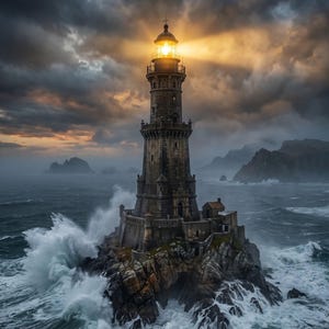 Könnte beinhalten: Ein hoher, verwitterter Leuchtturm aus Stein steht auf einer zerklüfteten Felsformation inmitten eines stürmischen, dunklen Ozeans. Das Laternenhaus an der Spitze strahlt ein helles, warmes goldenes Licht aus, das den schweren Himmel durchbricht.