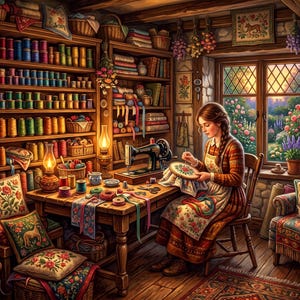 Puede incluir: Una acogedora sala de manualidades con estantes de madera llenos de carretes de hilo de colores, una máquina de coser sobre una mesa de madera y una persona sentada bordando un bastidor floral. Un gato duerme en un sillón estampado.