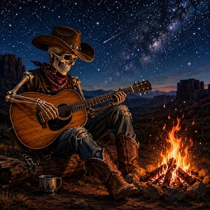 May include: A skeleton wearing a brown cowboy hat, a red bandana, and blue jeans sits on a log playing a wooden acoustic guitar. A metal mug rests on the ground near a campfire under a starry night sky with a view of desert rock formations.