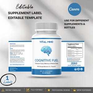 以下が含まれることがあります： 幾何学的な脳のグラフィック、Vital Mind Cognitive Fuelというテキスト、サプリメントの成分表示、使用方法が記載された青と白のラベルが付いた白いプラスチック製のサプリメントボトル。このラベルは編集可能なテンプレートです。