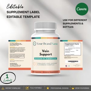 May include: A white supplement bottle with a beige label featuring the text Vein Support, Diosmin Complex, and Fabulous Legs Support Flavonoid Complex. The label includes a Supplement Facts panel, suggested use, and a barcode on a flat layout.