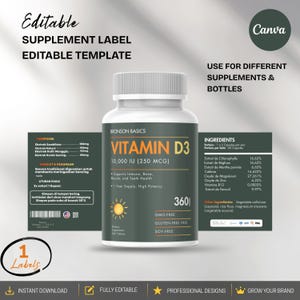 Pode incluir: Um modelo de rótulo de suplemento editável para um frasco de vitamina D3 10.000 UI. O rótulo verde-escuro e branco apresenta texto incluindo Bronson Basics, Vitamin D3, 360 count, um ícone de sol e listas de ingredientes e instruções.