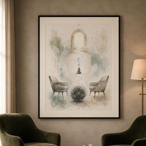 May include: A framed wall art print featuring a watercolour illustration of two chairs facing a central tangled black line sphere, a stacked stone sculpture, and an arched doorway, rendered in muted green, blue, and beige tones on a white background.
