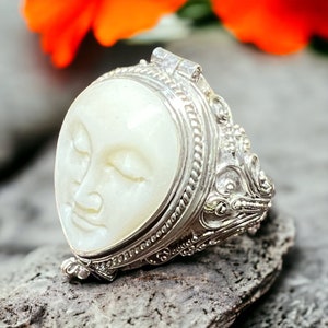 STERLING POISON RING, Bovine Bone Ring, Bone Moon Face Ring, White Gem Ring, Antique Genuine Teardrop Bovine Bone Ring, Unique Gifts