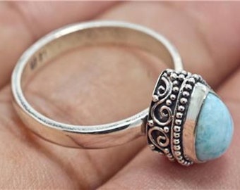 Handmade Sterling Silver .925 Bali Swirl Style Larimar Solitaire Dome Ring. 