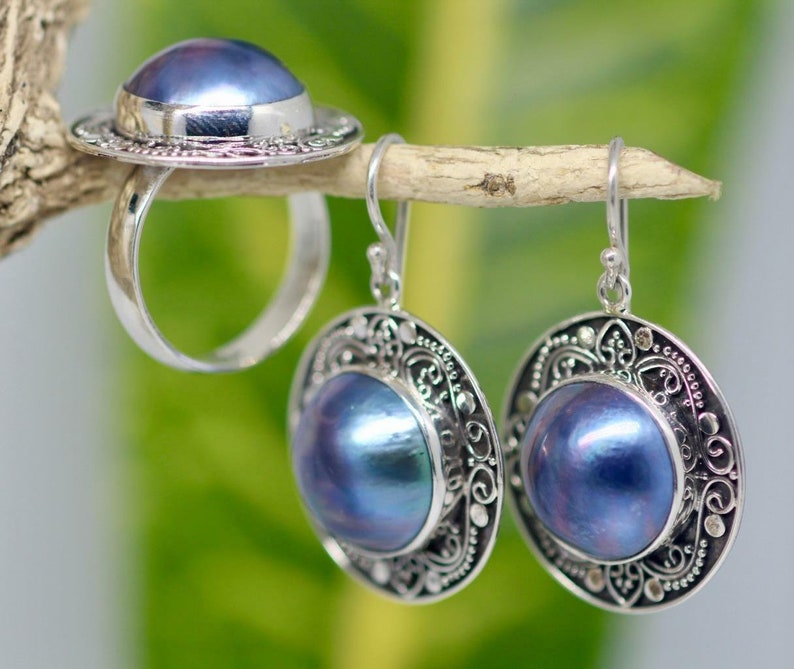 Handmade Sterling Silver .925 Bali Round Blue Mabe Pearl Earrings and Ring Set.