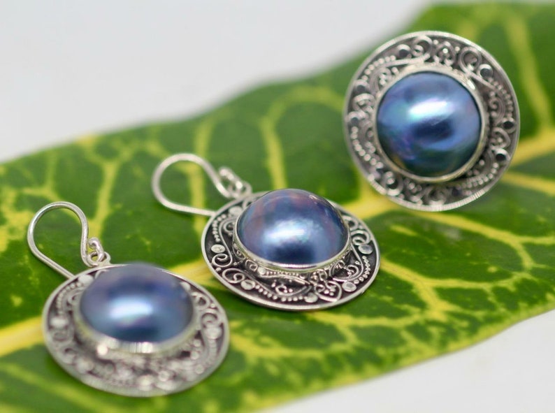 Handmade Sterling Silver .925 Bali Round Blue Mabe Pearl Earrings and Ring Set.
