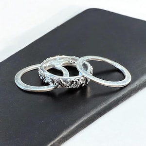 Bague puzzle 3 pièces empilable en argent sterling 925 avec motif vague de Bali.