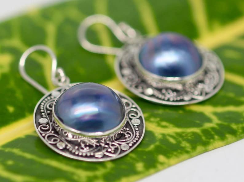 Handmade Sterling Silver .925 Bali Round Blue Mabe Pearl Earrings and Ring Set.