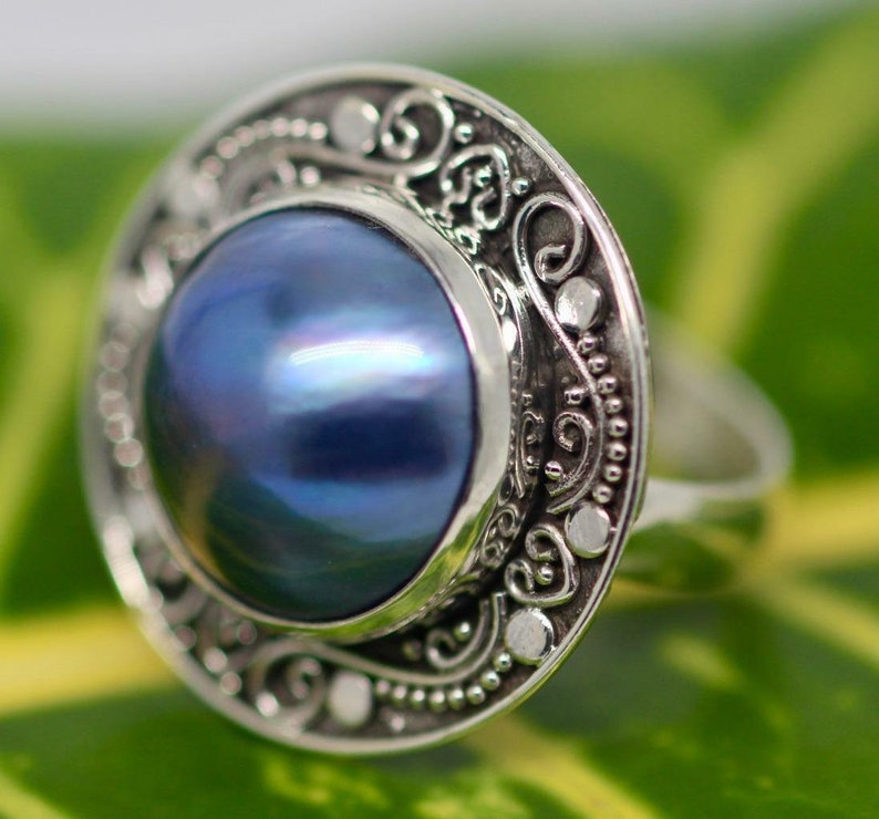 Handmade Sterling Silver .925 Bali Round Blue Mabe Pearl Earrings and Ring Set.