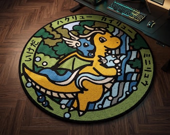 Dragonite Evolution Rug | Dragonite, Dragonair & Dratini Tufted Rug | Pokémon Inspired Anime Carpet | Handmade Gaming Room Decor