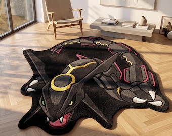 Shiny Rayquaza Inspired Rug | Black Pokémon Tufted Rug | Handmade Gaming Room Decor | Anime Carpet | Custom Statement Rug