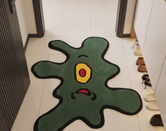 Dywan inspirowany Planktonem SpongeBobem | Dywan z pikowaniem z postaciami z kreskówek | Ręcznie robiony dywan z postaciami oceanu | Dekoracja pokoju gier | Dywan z wyrazistym nadrukiem