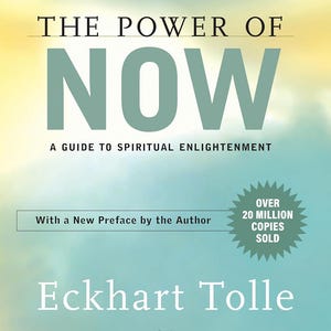 May include: A book cover titled The Power of Now: A Guide to Spiritual Enlightenment by Eckhart Tolle. The cover features a soft blue and yellow gradient background, a #1 New York Times Bestseller badge, and a starburst noting over 20 million copies sold.