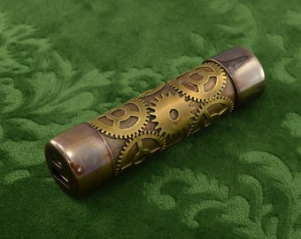 Steampunk handy copper power bank – portable USB charger.