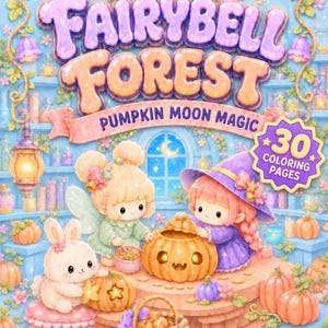May include: A colouring book cover titled Fairybell Forest Pumpkin Moon Magic featuring two chibi characters, a fairy and a witch, with a rabbit, pumpkins, and a basket. The illustration includes a star-shaped badge stating 30 colouring pages.