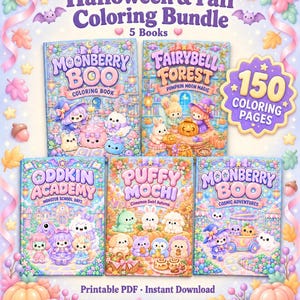 Peut inclure: Un ensemble de cinq livres de coloriage sur le thème d'Halloween et de l'automne avec des illustrations pastel de personnages mignons et de citrouilles. Le texte indique Halloween & Fall Coloring Bundle, 5 Books, 150 Coloring Pages, Printable PDF.
