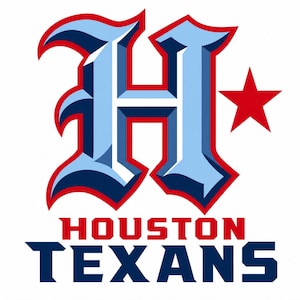 May include: A graphic logo featuring a large, stylized letter H in light blue with dark blue shading and a red outline. To the right of the H is a solid red five-pointed star. Below the graphic, the text HOUSTON TEXANS appears in bold red and blue.