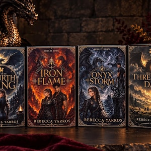 May include: Four hardcover books by Rebecca Yarros titled Fourth Wing, Iron Flame, Onyx Storm, and Threshing Day. Each book cover features detailed fantasy illustrations of dragons, landscapes, and characters in dark, fiery, and stormy color palettes.