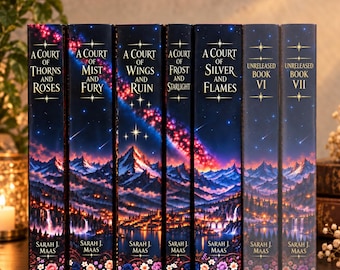 May include: A set of seven books by Sarah J. Maas featuring spines with a continuous illustration of a mountain range, a starry night sky, and a glowing nebula. The titles include A Court of Thorns and Roses, Mist and Fury, Wings and Ruin, Frost and Starlight, Silver and Flames, and two Unreleased Books.