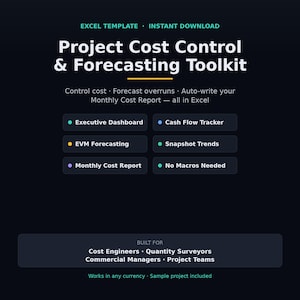 Puede incluir: Una plantilla digital de Excel con fondo oscuro titulada Project Cost Control & Forecasting Toolkit. Enumera funciones como Executive Dashboard, Cash Flow Tracker, EVM Forecasting, Snapshot Trends, Monthly Cost Report y No Macros Needed.