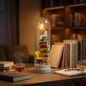 Miniature Book Stack Lamp, Book Lover Gift, Glass Dome Reading Figurine, Library Decor, Cozy Bookshelf Night Light