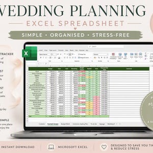May include: A laptop screen displaying a wedding planning Excel spreadsheet with columns for budget, guest list, to-do list, and timeline. The interface includes text labels for budget tracker, guest list, to-do list, timeline, and clear and simple.