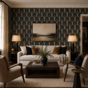 May include: A living room featuring a cream-colored sofa with dark blue and brown throw pillows, a dark wood coffee table, two beige armchairs, and two table lamps. The wall is covered in black wallpaper with a gold fan-shaped geometric pattern.
