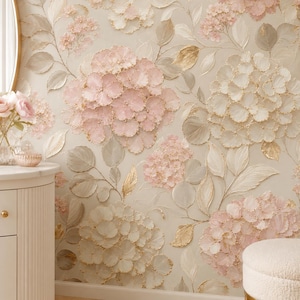 May include: Wallpaper featuring a textured, impasto-style floral pattern with large hydrangea blooms in shades of soft pink, cream, and white. The design includes delicate gold-leaf accents on the petals and leaves against a neutral background.