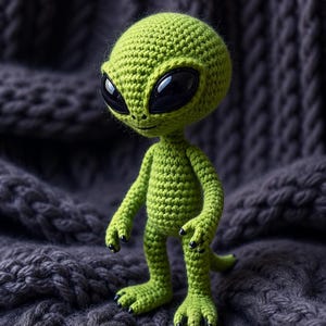 May include: A lime green crocheted alien figure with a large, rounded head and smooth, black, oval-shaped eyes. The creature has a slender body, short arms, and legs with three-toed feet, each featuring small, black, pointed claw-like details.