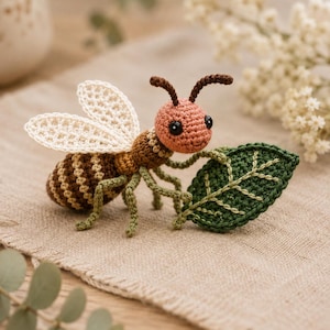 Puede incluir: Una figura de insecto tejida a ganchillo con una cabeza redonda color melocotón, ojos de cuentas negras, antenas marrones y un cuerpo a rayas marrones y beige. Tiene alas delicadas de color blanco roto y patas verdes finas que sostienen una hoja.