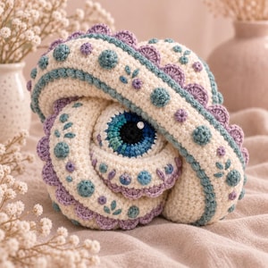 May include: A crocheted sculpture featuring a central blue and black eye surrounded by coiled, off-white yarn layers. The structure is decorated with teal and lavender crocheted accents, including small spheres, scalloped edges, and floral embroidery.