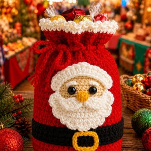 Könnte beinhalten: Ein roter gehäkelter Beutel mit Kordelzug und einem Weihnachtsmann-Gesicht als Applikation, bestehend aus weißem Bart, Schnurrbart und Mützenrand. Der Beutel hat einen schwarzen Gürtel mit gelber Schnalle und ist mit verpackten Süßigkeiten gefüllt.