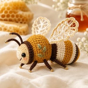 Patrón de ganchillo PDF de abeja Lacewing, amigurumi de ganchillo con alas de filigrana y bordado botánico.