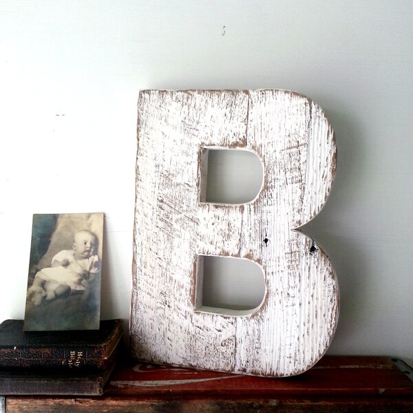 White Wooden Letter B Shabby Cottage Chic Signage Wall Decor - 12 inches tall