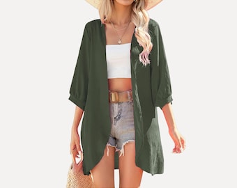 Cárdigan kimono de verano para mujer, manga 3/4, estilo playero con lunares suizos, ligero y holgado.