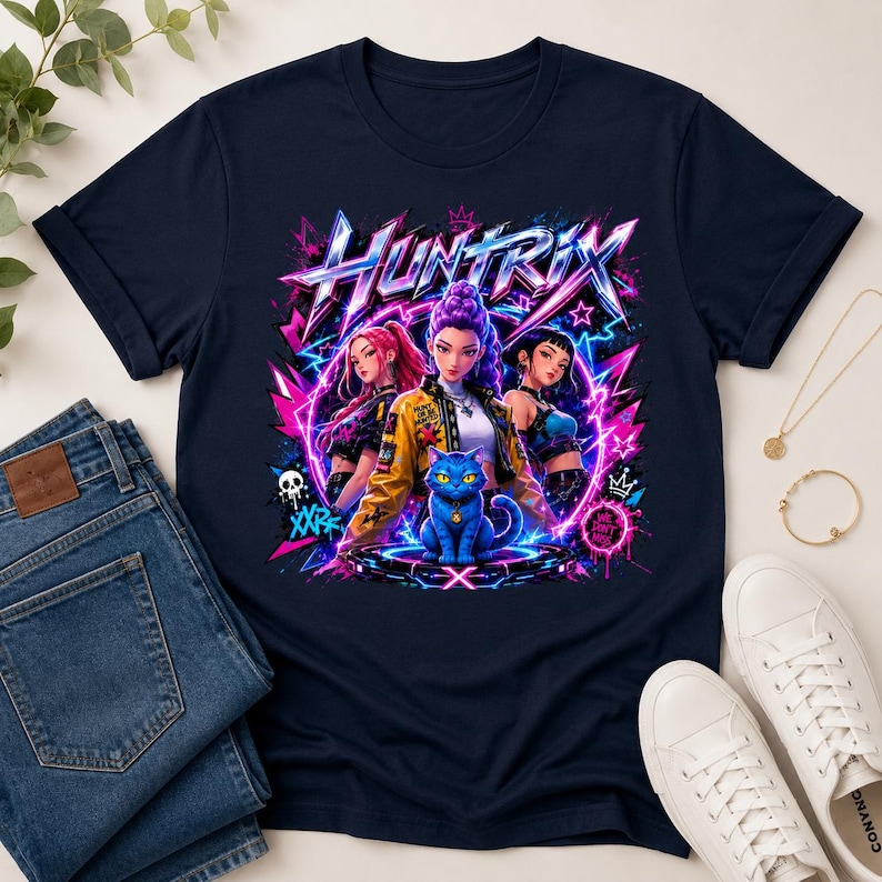 May include: A navy blue t-shirt featuring a vibrant graphic print of three anime-style characters and a blue cat. The text HUNTRIX is displayed in a bold, stylized font above the characters, surrounded by neon pink and blue lightning bolts.