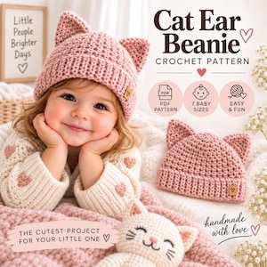 May include: A dusty pink crochet beanie with cat ears and a small brown tag featuring a heart icon. The text reads Cat Ear Beanie Crochet Pattern, PDF Pattern, 7 Baby Sizes, Easy & Fun, The Cutest Project For Your Little One, and handmade with love.