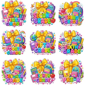 May include: A collection of nine colourful school-themed illustrations featuring kawaii-style backpacks, large yellow bows, pencils, and school supplies, with text labels for First Grade through Eighth Grade and Pre-K, decorated with stars and hearts.