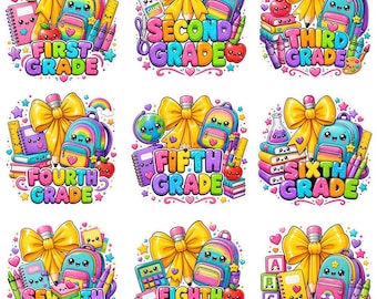 Back to School PNG Bundle, Kawaii Glitter Dumpling Designs, Pre-K to Fourth Grade