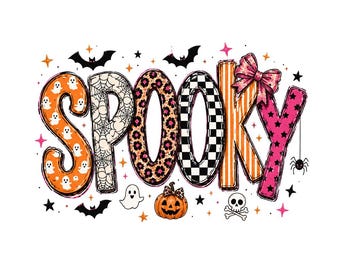 Retro Spooky Halloween PNG, Girly Leopard Checkered Ghost Pumpkin Design (Digital Download)