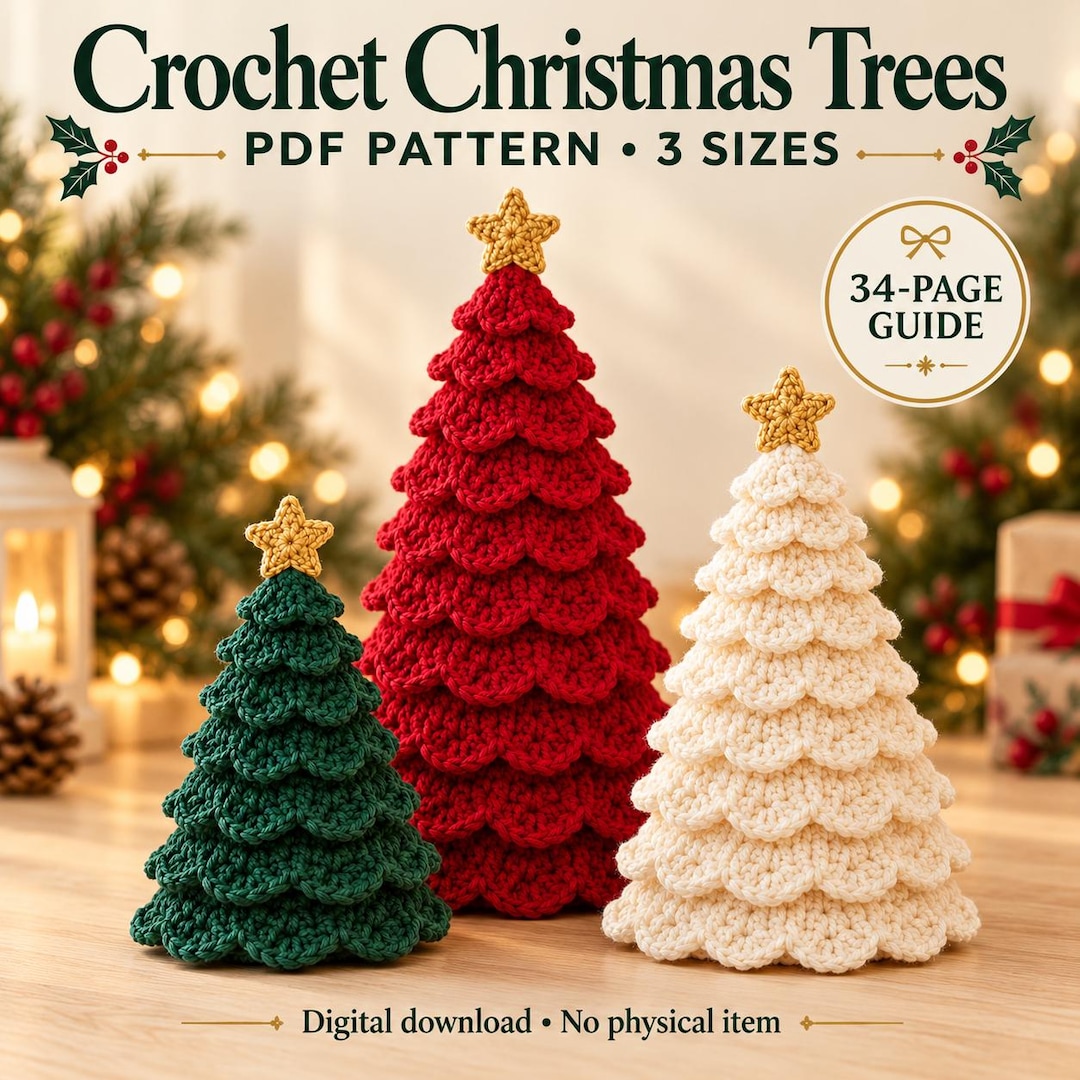 Crochet Christmas Tree Pattern PDF, 3 Sizes, Ruffled Tabletop Trees ...
