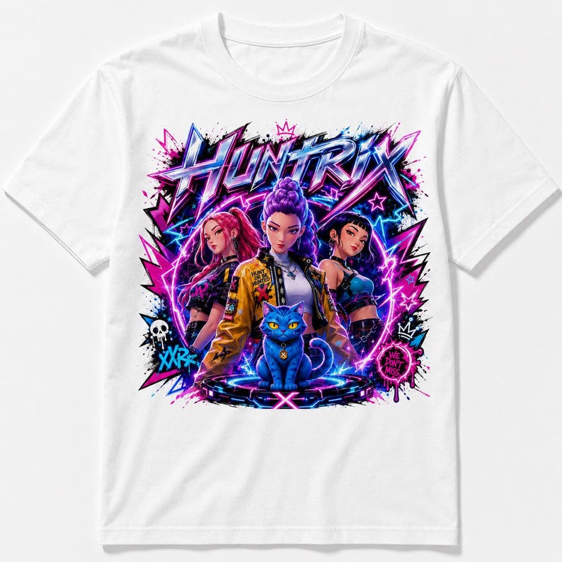 May include: A white t-shirt featuring a vibrant graphic print with the text "HUNTRIX". The design displays three anime-style characters and a blue cat centered on a glowing platform, surrounded by pink and blue lightning, stars, and graffiti elements.