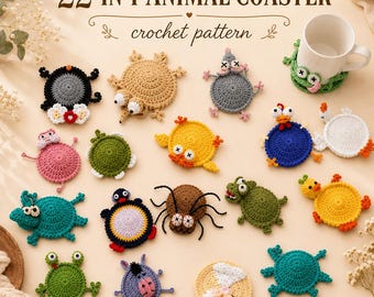 22-in-1 Animal Crochet Coaster Patterns, Mug Hugger Bundle, animals cup holder (PDF + VIDEO TUTORIAL)