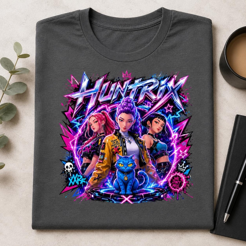 May include: A dark gray t-shirt featuring a vibrant graphic print with the text "HUNTRIX". The design displays three stylized characters and a central blue cat surrounded by neon pink and blue lightning, stars, and abstract geometric shapes.