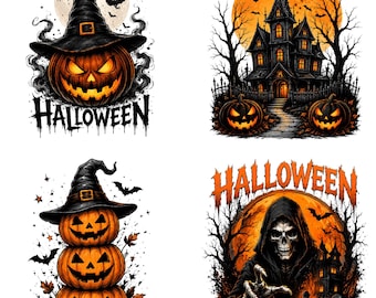 Vintage Halloween PNG Bundle | Haunted House, Witch Pumpkin, Grim Reaper (Digital Download)